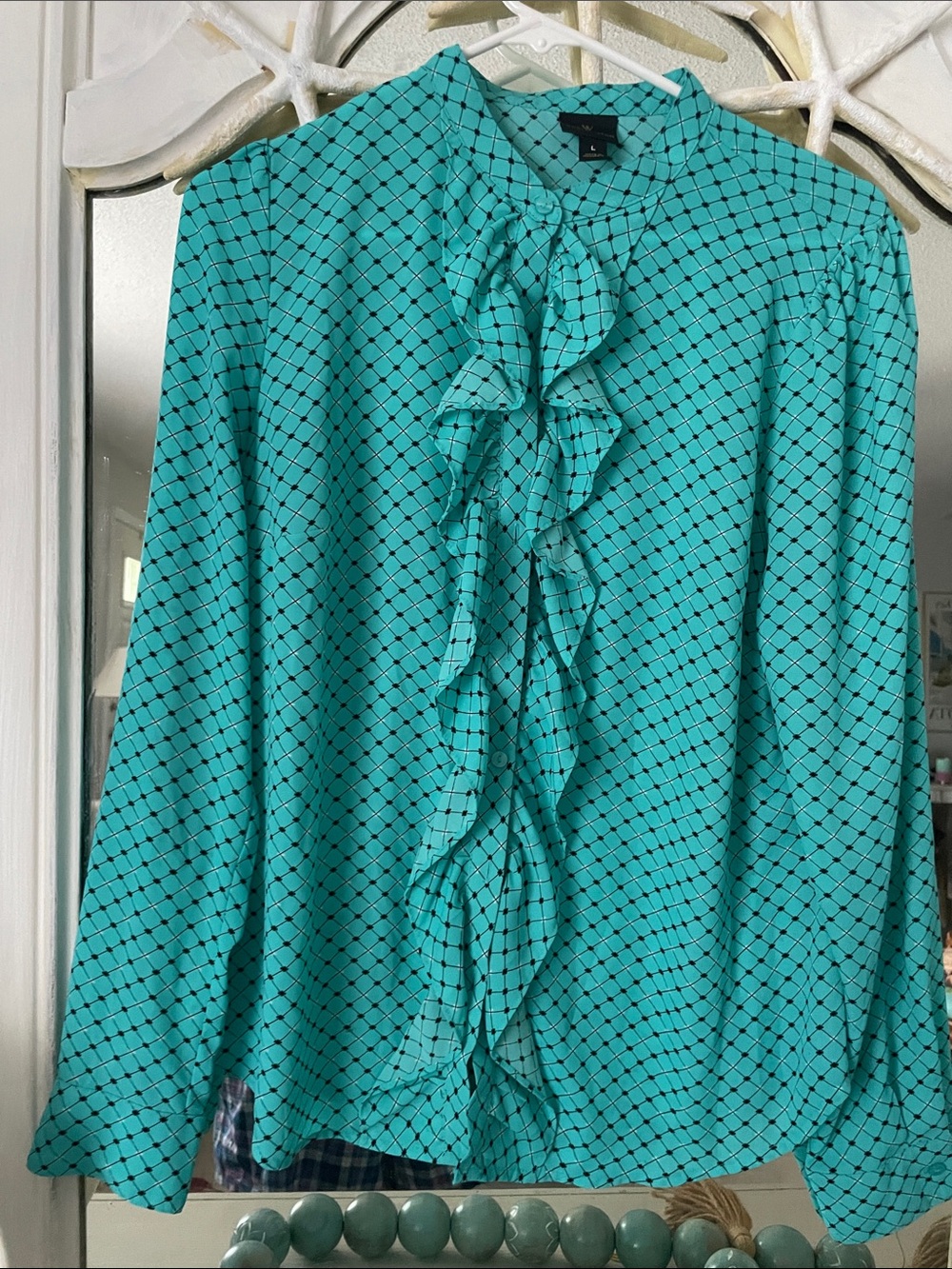 Worthington Turquoise Diamond-Print Ruffle Blouse